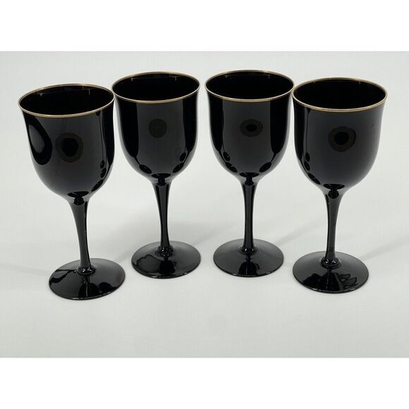 4 Vintage Noritake REMEMBRANCE EBONY Water Glasses Goblets 7.5” Black Gold Rim - Picture 1 of 6